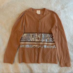 Vintage 80s/90s camel‎ beige wool cardigan  with sequins and stripe